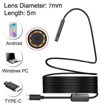 Picture of AN97 USB-C / Type-C Endoscope Waterproof IP67 Tube Inspection Camera with 8 LED & USB Adapter, Length: 5m, Lens Diameter: 7mm